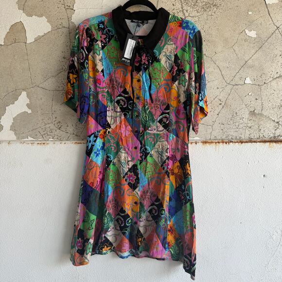 Nasty Gal Shirt Dress Patchwork Print Button Down Festival Party Mini Size 6 NWT - Picture 1 of 9
